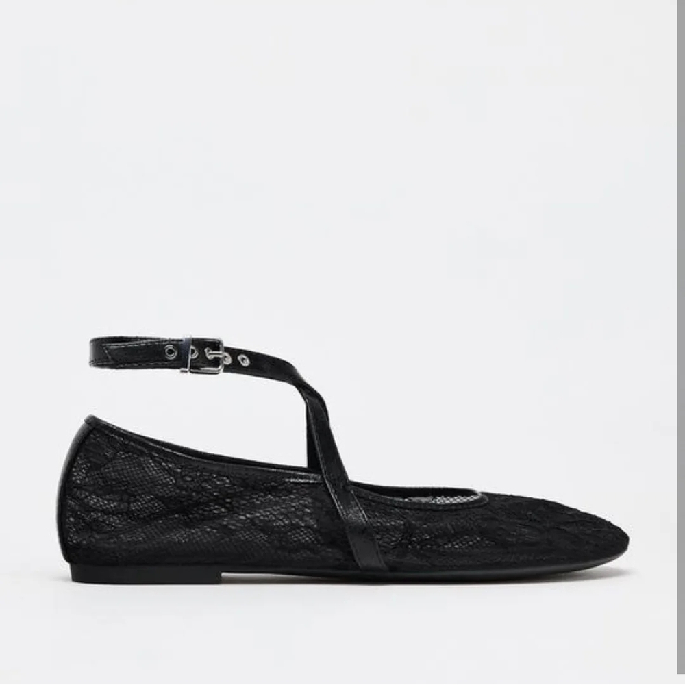 Zara Black Lace Flats with Ankle Strap
